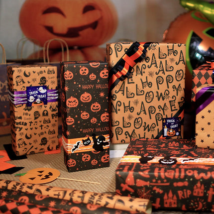 Wrapping Paper 6 Rolls - Gift Paper - Sustainable - Eco-friendly & Plastic-free - Tear-resistant - 50x70cm - Birthday - Decorations - Gift Paper - Party Assortment - Various Designs - Halloween - Pumpkin/ Bat/ Witch's Hat/ Star.