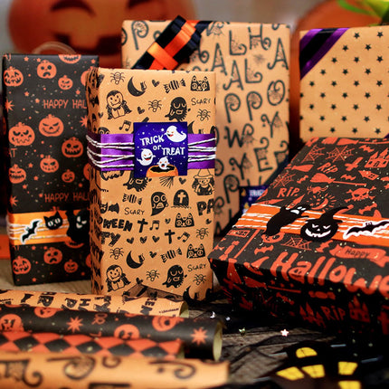 Wrapping Paper 6 Rolls - Gift Paper - Sustainable - Eco-friendly & Plastic-free - Tear-resistant - 50x70cm - Birthday - Decorations - Gift Paper - Party Assortment - Various Designs - Halloween - Pumpkin/ Bat/ Witch's Hat/ Star.