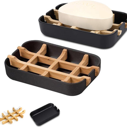 Soap Dish - 2 Pieces - Soap Holder With Drain - Bamboo Tray Soap Holder - Removable Drawer - Small Soap Dish - Soap Box - Hand Soap - Shower - Bathroom - Bathroom Accessories - Keep Soap Dry And Hygienic - Black.