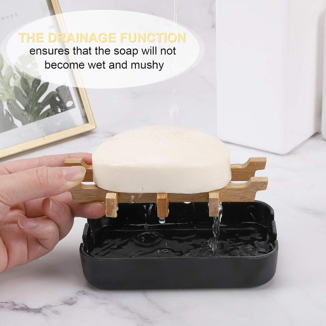 Soap Dish - 2 Pieces - Soap Holder With Drain - Bamboo Tray Soap Holder - Removable Drawer - Small Soap Dish - Soap Box - Hand Soap - Shower - Bathroom - Bathroom Accessories - Keep Soap Dry And Hygienic - Black.