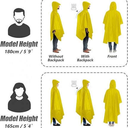 Poncho - Raincoat - Waterproof - Quick-drying - Breathable - Portable - Tear-resistant - Foldable - Lightweight - Reusable - Women's & Men's Cycling Rain Poncho - Bicycle Poncho - Yellow - With Pocket - Hood and Snap - Multifunctional 3 in 1 Poncho.