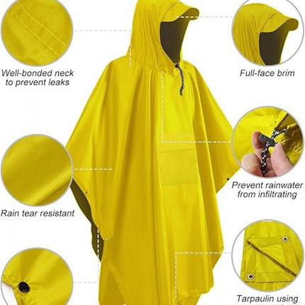 Poncho - Raincoat - Waterproof - Quick-drying - Breathable - Portable - Tear-resistant - Foldable - Lightweight - Reusable - Women's & Men's Cycling Rain Poncho - Bicycle Poncho - Yellow - With Pocket - Hood and Snap - Multifunctional 3 in 1 Poncho.