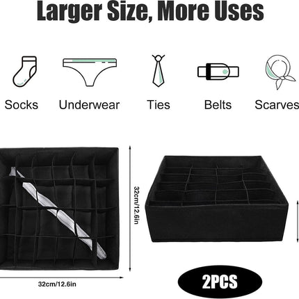 Underwear Storage Boxes - 2 Pieces - 24 Compartments - Drawer Organizer - Bra Organizer - Sock Organizer - Collapsible Storage Box - Underwear Divider - For Wardrobe - Foldable - For Underwear, Bras, Socks, Lingerie, Scarves - In Closet or Drawer.