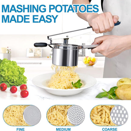 Stainless Steel Potato Press - Potato Squeezer - Potato Masher - Includes 3 Different Texture Discs - Can Be Hanged - Making Potato Puree - Puree - Dishwasher Safe - Gift.