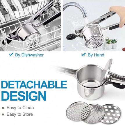 Stainless Steel Potato Press - Potato Squeezer - Potato Masher - Includes 3 Different Texture Discs - Can Be Hanged - Making Potato Puree - Puree - Dishwasher Safe - Gift.