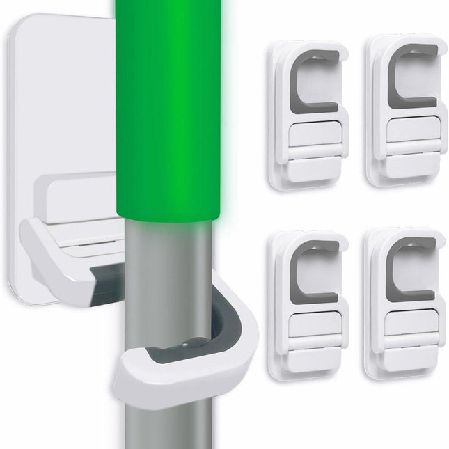 Broom Hanging System - 4 Pieces - Broom Holder - Broom Holder System - Mop Holder - No Drilling Required - Self-Adhesive Mop Holder - Tool Holder - Wall Mounting - Bathroom Accessories - Kitchen Storage Rack - Garden Tools - For Mop and Broom - White.