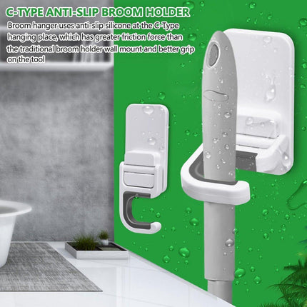 Broom Hanging System - 4 Pieces - Broom Holder - Broom Holder System - Mop Holder - No Drilling Required - Self-Adhesive Mop Holder - Tool Holder - Wall Mounting - Bathroom Accessories - Kitchen Storage Rack - Garden Tools - For Mop and Broom - White.