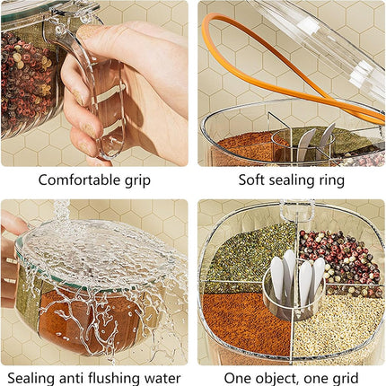 Spice Jars - Divided Spice Jar - Divided Spice Container - 4 Grids Transparent Spice Container - For Kitchen Cabinet Pantry Refrigerator - With 4 Spice Spoons.
