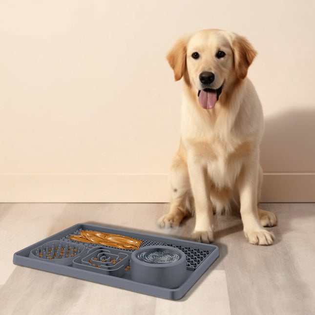 Lick Plate - Lick Mats for Dogs - Dog Snuffle Mat - Lick Mat - Feeding Mat - Slow Feeder - Anti-Gulp - Distraction Pad - For Dog Bathing, Training, Coat Care and Claw Care - With 1 Spatula - Grey - 1 Piece.