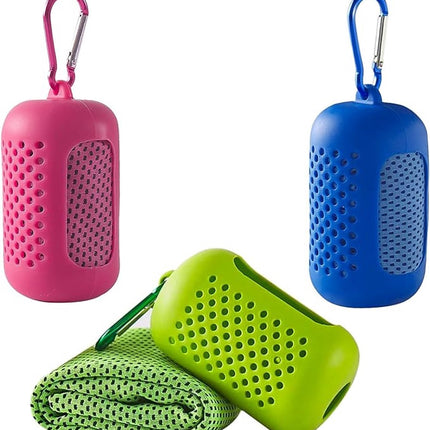 Three-pack cooling towels - Cooling microfiber - Polyester - Sports towel - Cooling towel - Fast-drying and sweat-wicking - Includes a portable silicone sleeve - Suitable for fitness, outdoor activities, and sports - Unisex.
