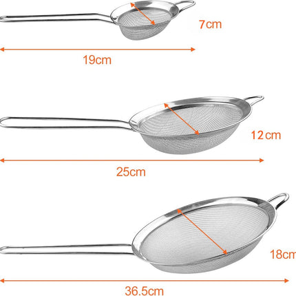 Premium Stainless Steel Sieve Set - 3-Piece Colander - Kitchen Sieve - Small Sieves - Sieve Set - Bowl Sieve - Mini Sieves - Premium Fine Set - Dishwasher Safe - Ø 7, 12 and 18 cm - Sturdy & Durable.
