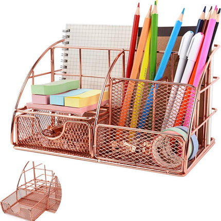 Pen Tray - 5 Compartments and Drawer - Desk Organizer - Rose Gold - Pen Holder - Desk Organizer - Durable - Non-Fading - Metal - Pen Trays - Mesh - Fashion - Multifunctional Storage System - Neatness & Classification - Save Space.