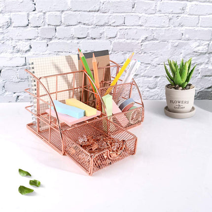 Pen Tray - 5 Compartments and Drawer - Desk Organizer - Rose Gold - Pen Holder - Desk Organizer - Durable - Non-Fading - Metal - Pen Trays - Mesh - Fashion - Multifunctional Storage System - Neatness & Classification - Save Space.