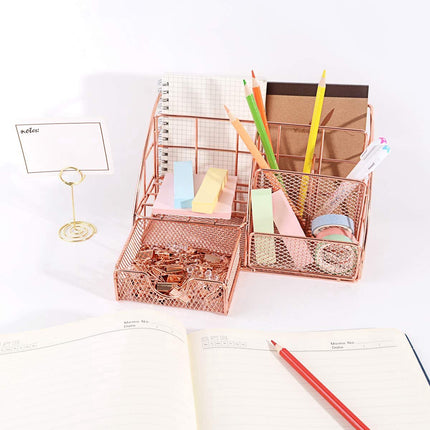 Pen Tray - 5 Compartments and Drawer - Desk Organizer - Rose Gold - Pen Holder - Desk Organizer - Durable - Non-Fading - Metal - Pen Trays - Mesh - Fashion - Multifunctional Storage System - Neatness & Classification - Save Space.