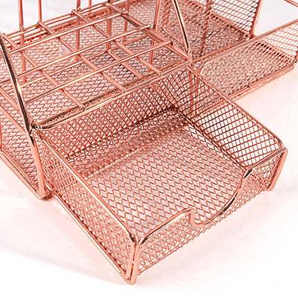 Pen Tray - 5 Compartments and Drawer - Desk Organizer - Rose Gold - Pen Holder - Desk Organizer - Durable - Non-Fading - Metal - Pen Trays - Mesh - Fashion - Multifunctional Storage System - Neatness & Classification - Save Space.