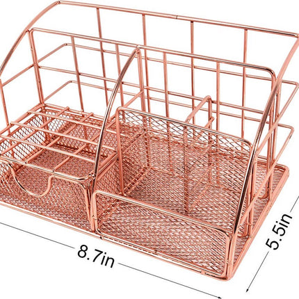Pen Tray - 5 Compartments and Drawer - Desk Organizer - Rose Gold - Pen Holder - Desk Organizer - Durable - Non-Fading - Metal - Pen Trays - Mesh - Fashion - Multifunctional Storage System - Neatness & Classification - Save Space.