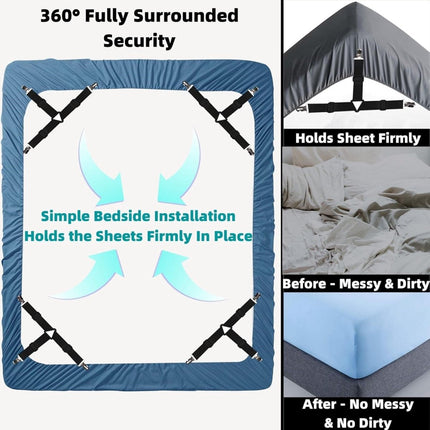 Bed Sheet Tensioners - 4 Pieces - Duvet Sheet Tensioner Clips - Duvet Clamps - Duvet Cover Tensioners - Sheet Clips - Adjustable - Sheet Suspenders - Fitted Sheet Clamps - Bed Sheet Clips - Say Goodbye to Messy Sheets - Won't Shift - Black.