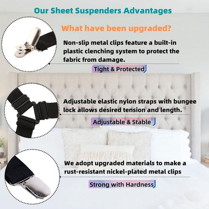 Bed Sheet Tensioners - 4 Pieces - Duvet Sheet Tensioner Clips - Duvet Clamps - Duvet Cover Tensioners - Sheet Clips - Adjustable - Sheet Suspenders - Fitted Sheet Clamps - Bed Sheet Clips - Say Goodbye to Messy Sheets - Won't Shift - Black.