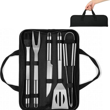 BBQ Accessories Set - 5-Piece BBQ Set - Stainless Steel Barbecue Tool Set - Barbecue Accessories - BBQ Tongs - BBQ Spatula - Meat Fork - Meat Knife - Brush - Professional - Includes Storage Bag.