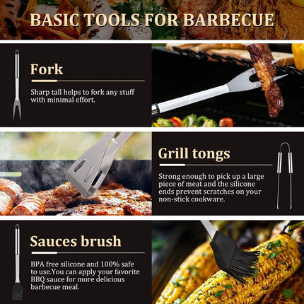 BBQ Accessories Set - 5-Piece BBQ Set - Stainless Steel Barbecue Tool Set - Barbecue Accessories - BBQ Tongs - BBQ Spatula - Meat Fork - Meat Knife - Brush - Professional - Includes Storage Bag.