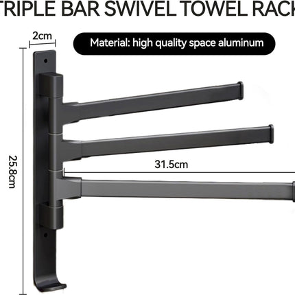 Towel Rack - 3-Arm Towel Holder - Towel Bar - Towel Rack - Towel Ladder - Towel Bar - 180 Degree Adjustable - For Bathroom/Kitchen - No Drilling Required - Self-Adhesive - Wall Drying Rack - Bathroom - Rotatable - Metal - Black.