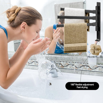 Towel Rack - 3-Arm Towel Holder - Towel Bar - Towel Rack - Towel Ladder - Towel Bar - 180 Degree Adjustable - For Bathroom/Kitchen - No Drilling Required - Self-Adhesive - Wall Drying Rack - Bathroom - Rotatable - Metal - Black.