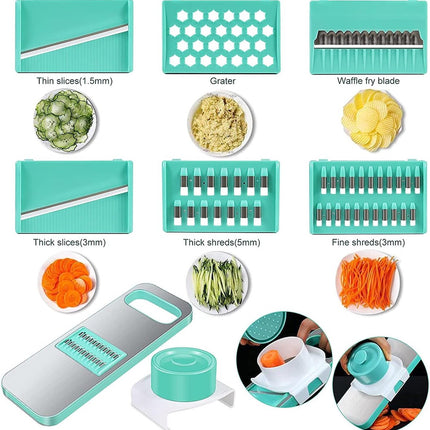 Vegetable Slicer - 8-Piece - Vegetable Chopper - Kitchen Slicer - All-purpose Slicer - Onion Slicer - Grater - Plastic - Manual - Easy to Clean - Effective - Time-Saving - Simple - Multifunctional - Blue.