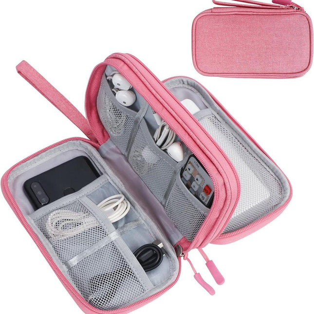 Cable Organizer Storage Bag 3 Layers - Cable Organizer Bag - Waterproof / Wear-Resistant - Cable Electronics Organizer - Cable Bag - Luxury Organizer For Cables And Accessories - Compact Cable Bag - Cable Organizer - Data Cable Organizer - Pink - Travel.