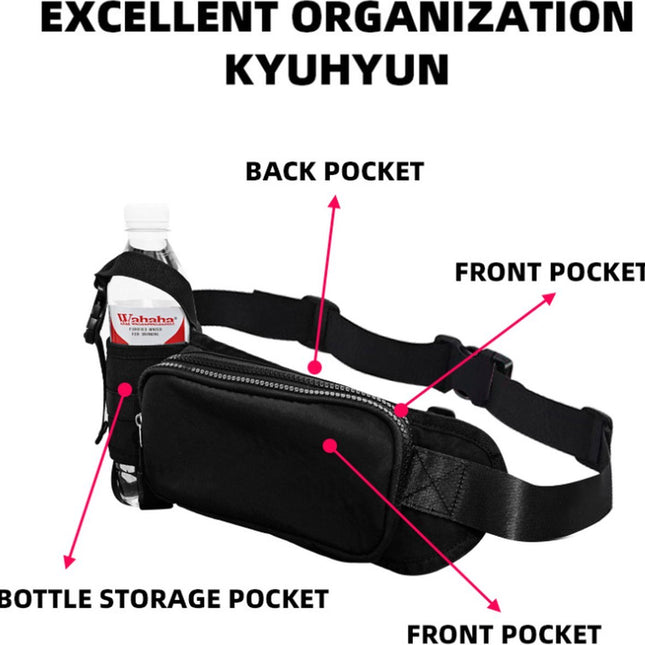 Waist Bag with Bottle Holder - Hiking Waist Bag with Bottle Holder - Outdoor Pouch Bag with Water Bottle / Bib Holder - Ideal for Festivals or Vacations - Multifunctional Strap - Adjustable - For Hiking, Dog Walks, Outdoor Activities - Black.