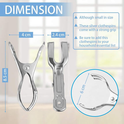Clothes Pegs - 18 Pieces - Beach Towel Anti-Wind Pegs for Beach Chair - Stainless Steel - Large - Opening 6 Cm - Clothes Rack Pegs - Anti-Slip Clip - Skirt Clip - Quilt - Sheet - Bath Towel - Extra Long and Sturdy - Durable.