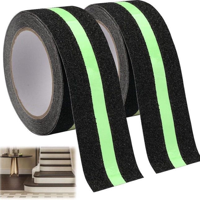 Anti-slip Adhesive Tape - 2 Rolls - Anti-slip Grip Tape - Safety Tape - Stair Tape - Anti-slip Adhesive Tape - Strips with Self-Adhesive - For Stairs Stairs Stairs Decking Indoors and Outdoors - Glows in the Dark - Black - 5 Cm X 5 M.