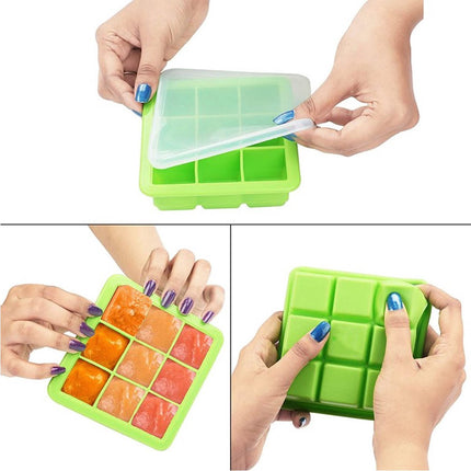 2x Ice Cube Tray With Lid - Silicone Ice Cube Tray - BPA Free - 2 x 9 Cells - 3.5cm Ice Cubes - Dishwasher Safe - Ice Cube Tray - Ice Cube Tray - Square - Green - Reusable - Easy to Push Out.