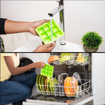 2x Ice Cube Tray With Lid - Silicone Ice Cube Tray - BPA Free - 2 x 9 Cells - 3.5cm Ice Cubes - Dishwasher Safe - Ice Cube Tray - Ice Cube Tray - Square - Green - Reusable - Easy to Push Out.