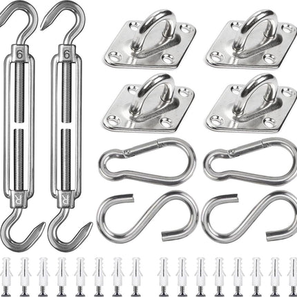 Shade Cloth Mounting Set - 42-Piece - Stainless Steel - Hardware Kit for Sun Sail - For Rectangular / Square Sun Shade Sails - Hammock Mounting Set - Shade Cloth Mounting Material.