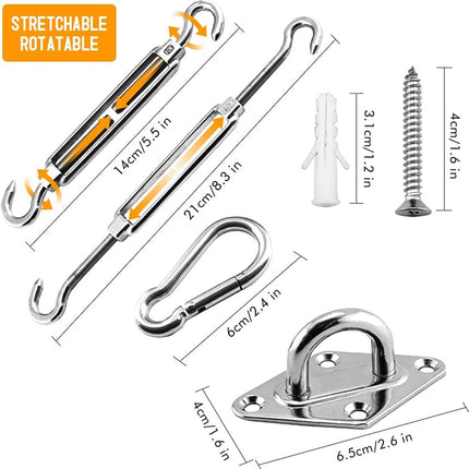 Shade Cloth Mounting Set - 42-Piece - Stainless Steel - Hardware Kit for Sun Sail - For Rectangular / Square Sun Shade Sails - Hammock Mounting Set - Shade Cloth Mounting Material.