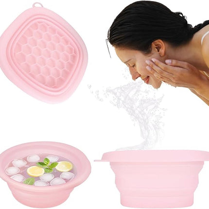Cooling basin - Facial ice bath - Silicone facial cooling basin - Foldable silicone basin - Built-in ice tray - Portable basin - Cools the face - unclogs and soothes the skin (pink).