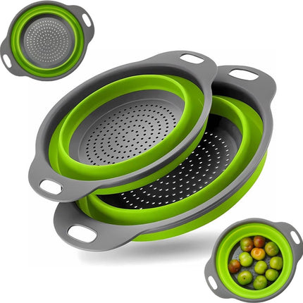 Foldable Colander Set of 2 Pieces - Collapsible Silicone Colander - 1 Large and 1 Small - BPA Free - Dishwasher Safe - Heat Resistant - Easy Storage - Can Be Hung - For Draining Pasta/Vegetables/Fruit - Green.