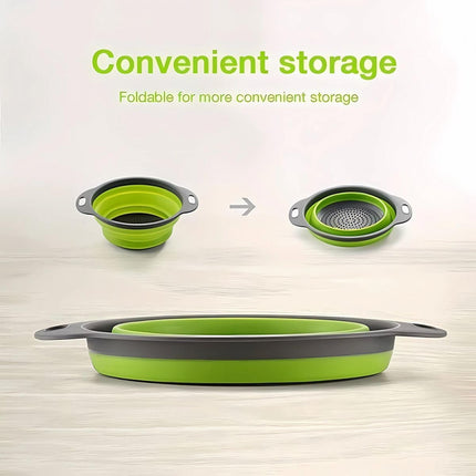 Foldable Colander Set of 2 Pieces - Collapsible Silicone Colander - 1 Large and 1 Small - BPA Free - Dishwasher Safe - Heat Resistant - Easy Storage - Can Be Hung - For Draining Pasta/Vegetables/Fruit - Green.