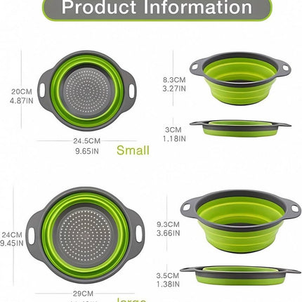 Foldable Colander Set of 2 Pieces - Collapsible Silicone Colander - 1 Large and 1 Small - BPA Free - Dishwasher Safe - Heat Resistant - Easy Storage - Can Be Hung - For Draining Pasta/Vegetables/Fruit - Green.