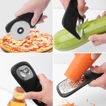 6-piece - kitchen tool set - Multifunctional kitchen tool - portable carabiner - fruit and vegetable peeler - cheese cutter - bottle opener - garlic press - ginger grinder - pizza cutter - cookware - cooking - baking.