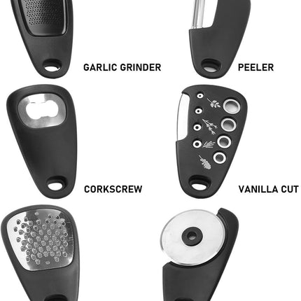 6-piece - kitchen tool set - Multifunctional kitchen tool - portable carabiner - fruit and vegetable peeler - cheese cutter - bottle opener - garlic press - ginger grinder - pizza cutter - cookware - cooking - baking.