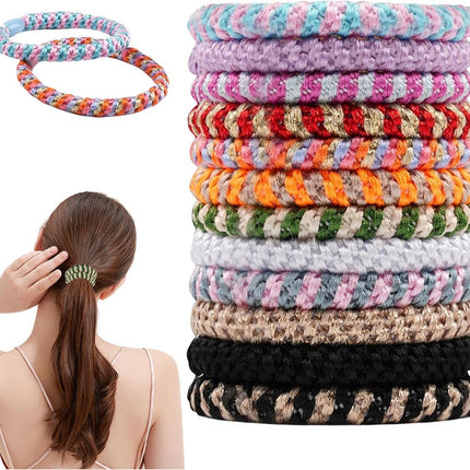 Allecto Plus - Pack of 12 elastic hair ties in various colors, suitable for different hairstyles.