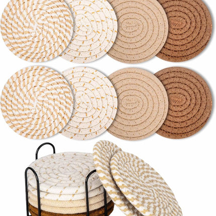 Set of 8 Round Coasters with Stand - Coaster Set - Thermal Insulation - Non-Slip Braided Cotton Coasters for Glasses - Coaster Set - Coasters with Holder - For Drinks, Bar, Cups, Table Coasters - D11 cm - Yellow.