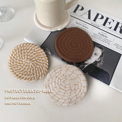 Set of 8 Round Coasters with Stand - Coaster Set - Thermal Insulation - Non-Slip Braided Cotton Coasters for Glasses - Coaster Set - Coasters with Holder - For Drinks, Bar, Cups, Table Coasters - D11 cm - Yellow.