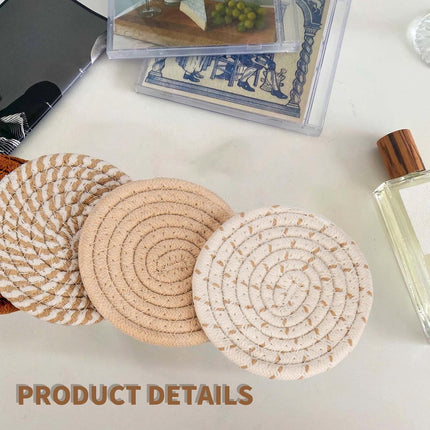 Set of 8 Round Coasters with Stand - Coaster Set - Thermal Insulation - Non-Slip Braided Cotton Coasters for Glasses - Coaster Set - Coasters with Holder - For Drinks, Bar, Cups, Table Coasters - D11 cm - Yellow.