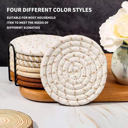Set of 8 Round Coasters with Stand - Coaster Set - Thermal Insulation - Non-Slip Braided Cotton Coasters for Glasses - Coaster Set - Coasters with Holder - For Drinks, Bar, Cups, Table Coasters - D11 cm - Yellow.