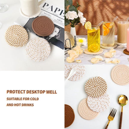 Set of 8 Round Coasters with Stand - Coaster Set - Thermal Insulation - Non-Slip Braided Cotton Coasters for Glasses - Coaster Set - Coasters with Holder - For Drinks, Bar, Cups, Table Coasters - D11 cm - Yellow.