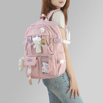 Waterproof backpack for girls - Girl's Backpack With Pin and Accessories - boys' backpack - women's backpack - Lightweight School Bag - School Student School Bag - Large Capacity Backpacks - Teenagers - High School Backpacks - Pink.