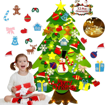 Felt Christmas tree - Christmas tree with lights - Felt Christmas tree for children incl. 32 ornaments - children's gift with string lights - Safe Felt DIY Tree - children's Christmas DIY wall hanging - Christmas Decoration Set - Christmas tree project -.