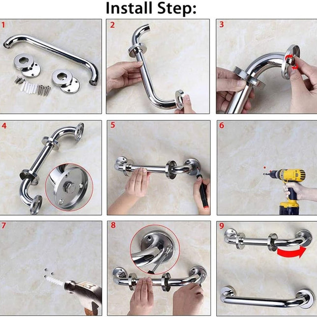 Shower Grab Bar - Stainless Steel - Bathroom Heavy Duty Safety Grab Bars - for the Elderly, Disabled, and Children - Non-Slip Grab Bar - Kitchen - Stairs - Kitchen Cabinet Handle - Safety Grab Bar - Screws Included - Silver - 30CM.